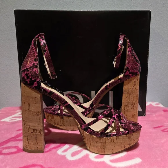 Aqua Women's Pink Snake Platform Cork Like Ankle Strap Heels, Size 6.5M - Picture 6 of 10